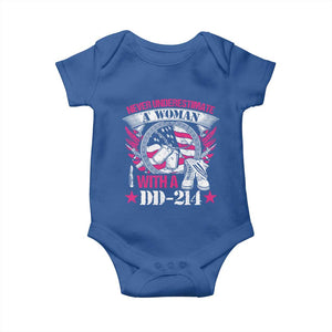 Female Veteran Baby Onesie Never Underestimate A Woman With DD214 US Military TS02 Royal Blue Print Your Wear