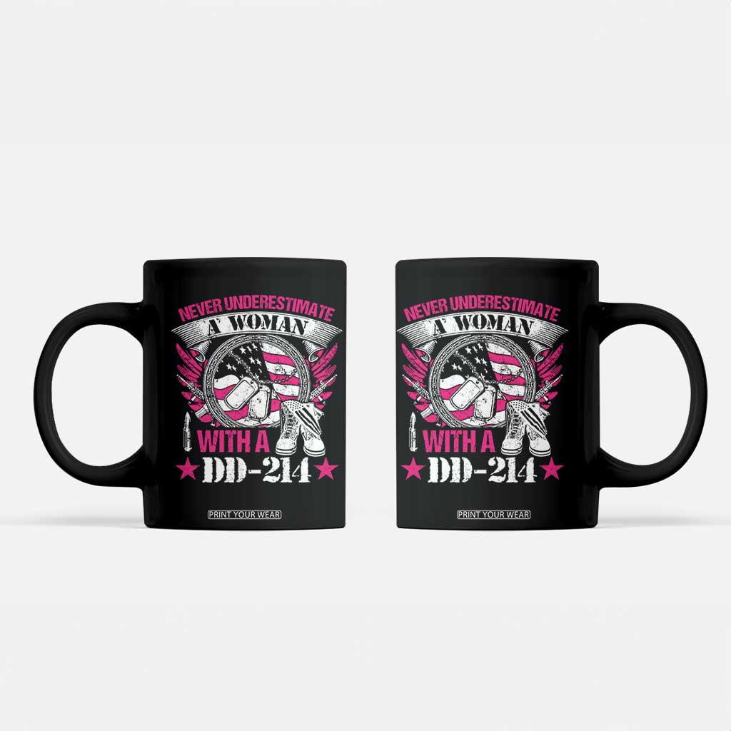 Female Veteran Coffee Mug Never Underestimate A Woman With DD214 US Military TS02 Black Print Your Wear