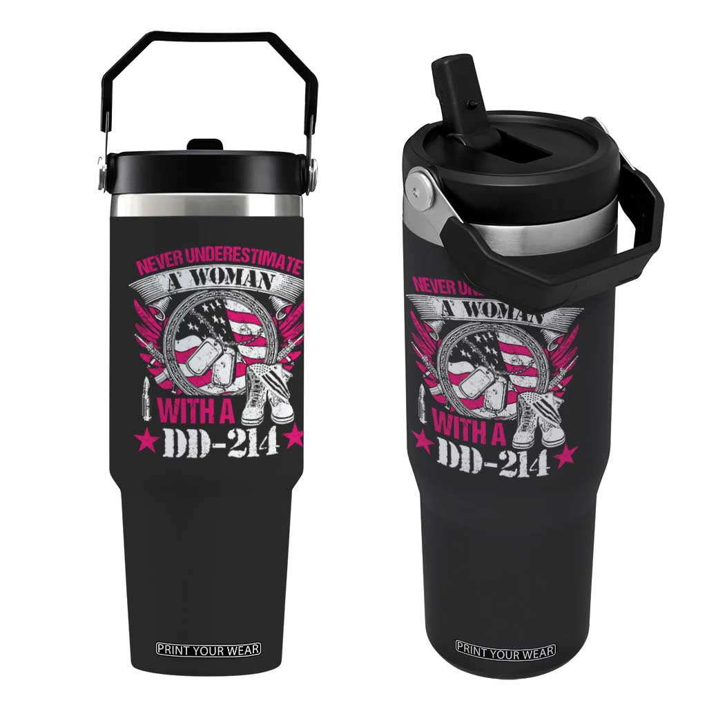 Female Veteran Flip Straw Tumbler Never Underestimate A Woman With DD214 US Military TS02 One Size: 30 oz Black Print Your Wear