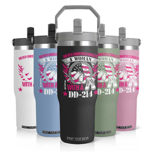 Female Veteran Flip Straw Tumbler Never Underestimate A Woman With DD214 US Military TS02 Print Your Wear