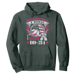 Female Veteran Hoodie Never Underestimate A Woman With DD214 US Military TS02 Dark Forest Green Print Your Wear