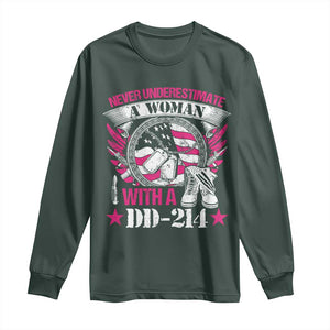 Female Veteran Long Sleeve Shirt Never Underestimate A Woman With DD214 US Military TS02 Dark Forest Green Print Your Wear
