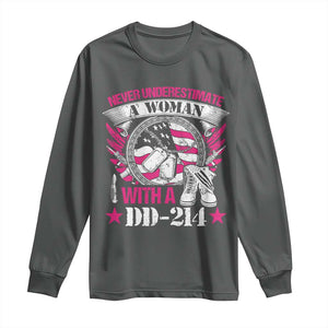 Female Veteran Long Sleeve Shirt Never Underestimate A Woman With DD214 US Military TS02 Dark Heather Print Your Wear