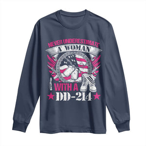 Female Veteran Long Sleeve Shirt Never Underestimate A Woman With DD214 US Military TS02 Navy Print Your Wear