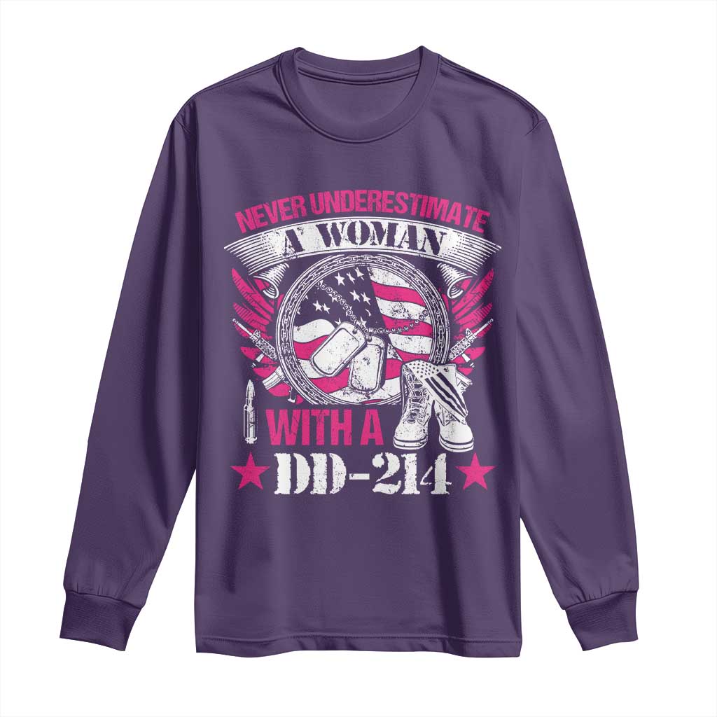 Female Veteran Long Sleeve Shirt Never Underestimate A Woman With DD214 US Military TS02 Purple Print Your Wear