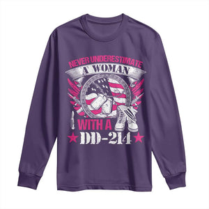 Female Veteran Long Sleeve Shirt Never Underestimate A Woman With DD214 US Military TS02 Purple Print Your Wear