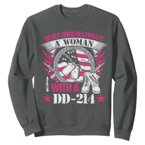 Female Veteran Sweatshirt Never Underestimate A Woman With DD214 US Military TS02 Dark Heather Print Your Wear