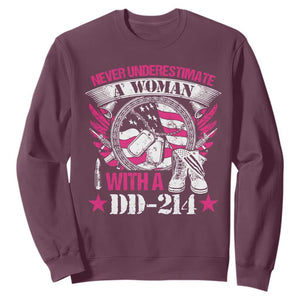 Female Veteran Sweatshirt Never Underestimate A Woman With DD214 US Military TS02 Maroon Print Your Wear