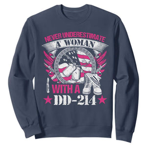 Female Veteran Sweatshirt Never Underestimate A Woman With DD214 US Military TS02 Navy Print Your Wear