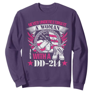 Female Veteran Sweatshirt Never Underestimate A Woman With DD214 US Military TS02 Purple Print Your Wear