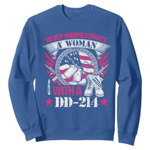Female Veteran Sweatshirt Never Underestimate A Woman With DD214 US Military TS02 Royal Blue Print Your Wear