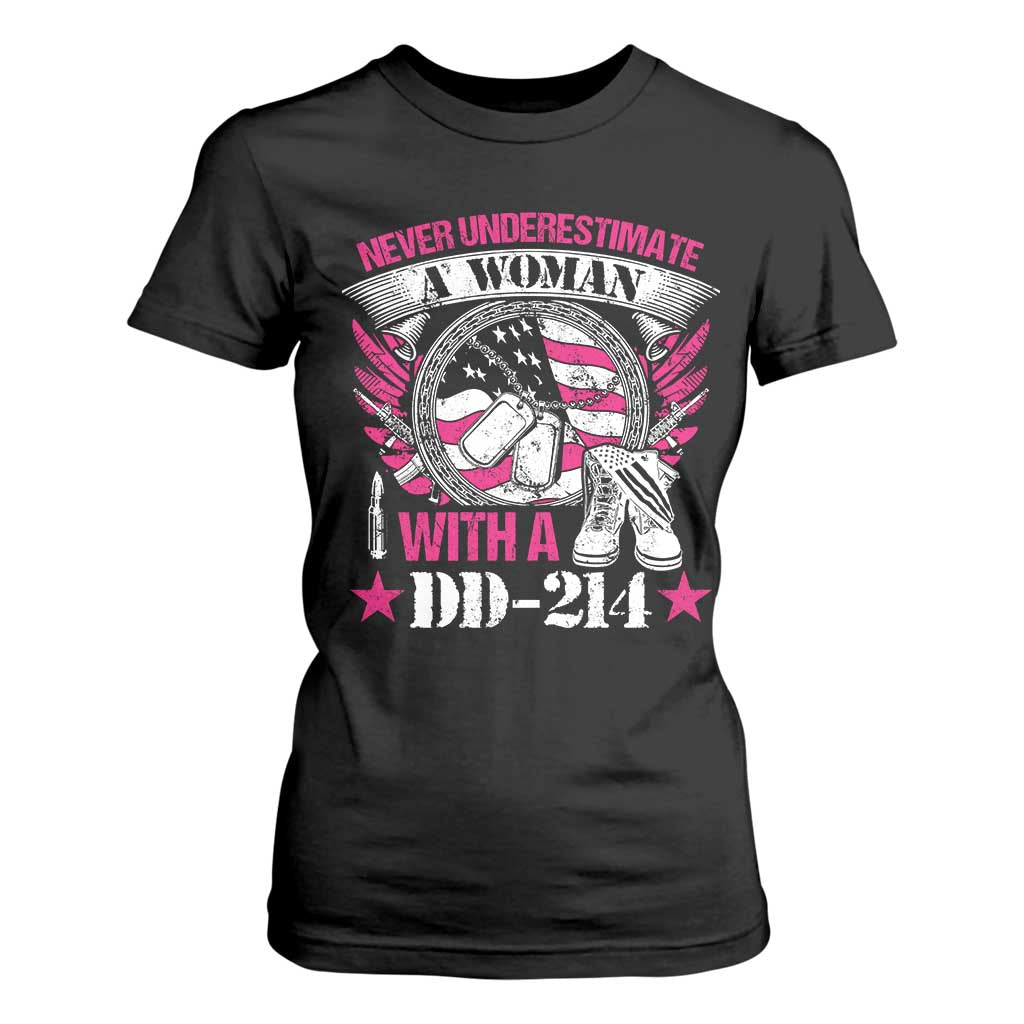 Female Veteran T Shirt For Women Never Underestimate A Woman With DD214 US Military TS02 Black Print Your Wear