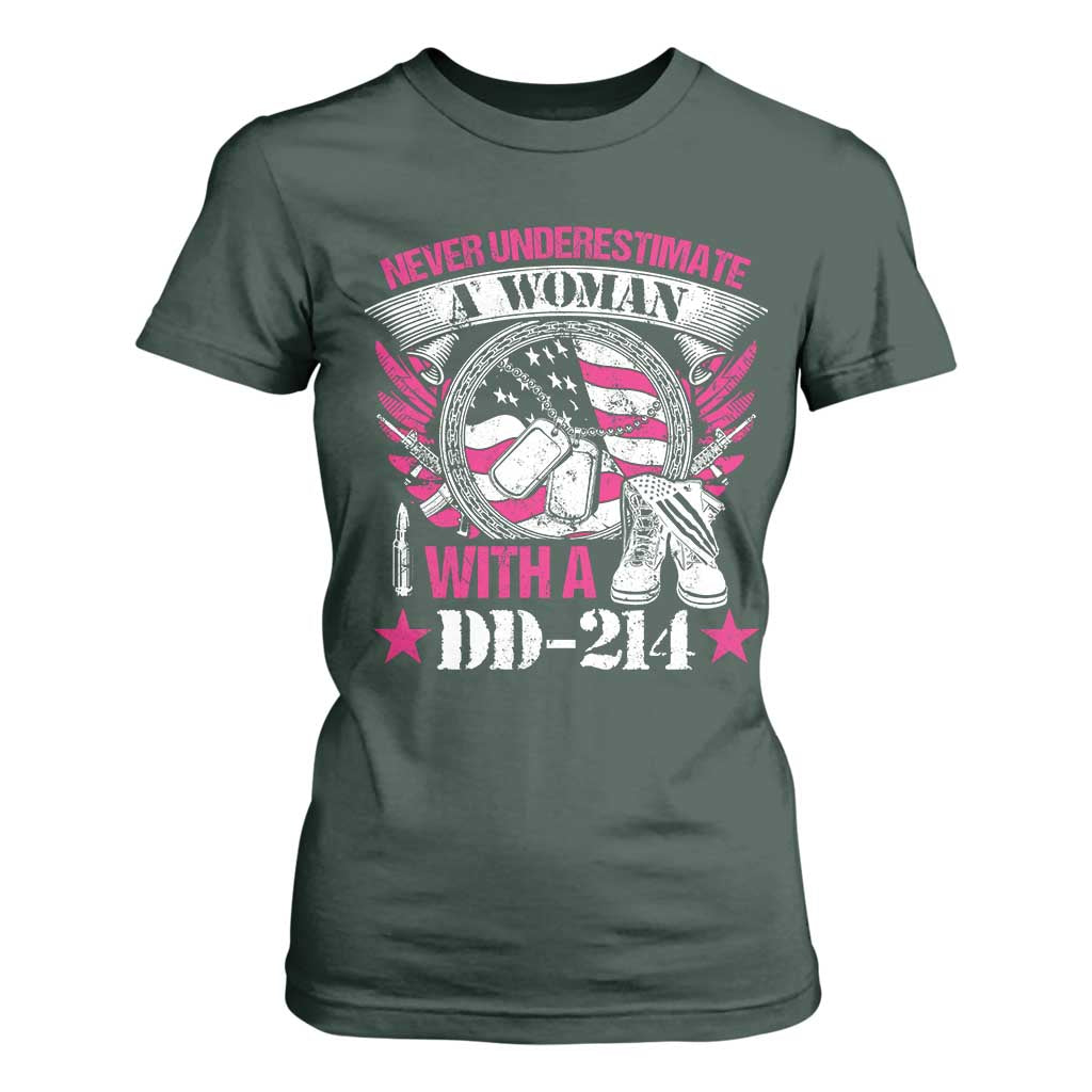 Female Veteran T Shirt For Women Never Underestimate A Woman With DD214 US Military TS02 Dark Forest Green Print Your Wear