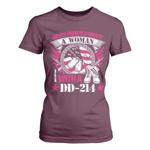 Female Veteran T Shirt For Women Never Underestimate A Woman With DD214 US Military TS02 Maroon Print Your Wear