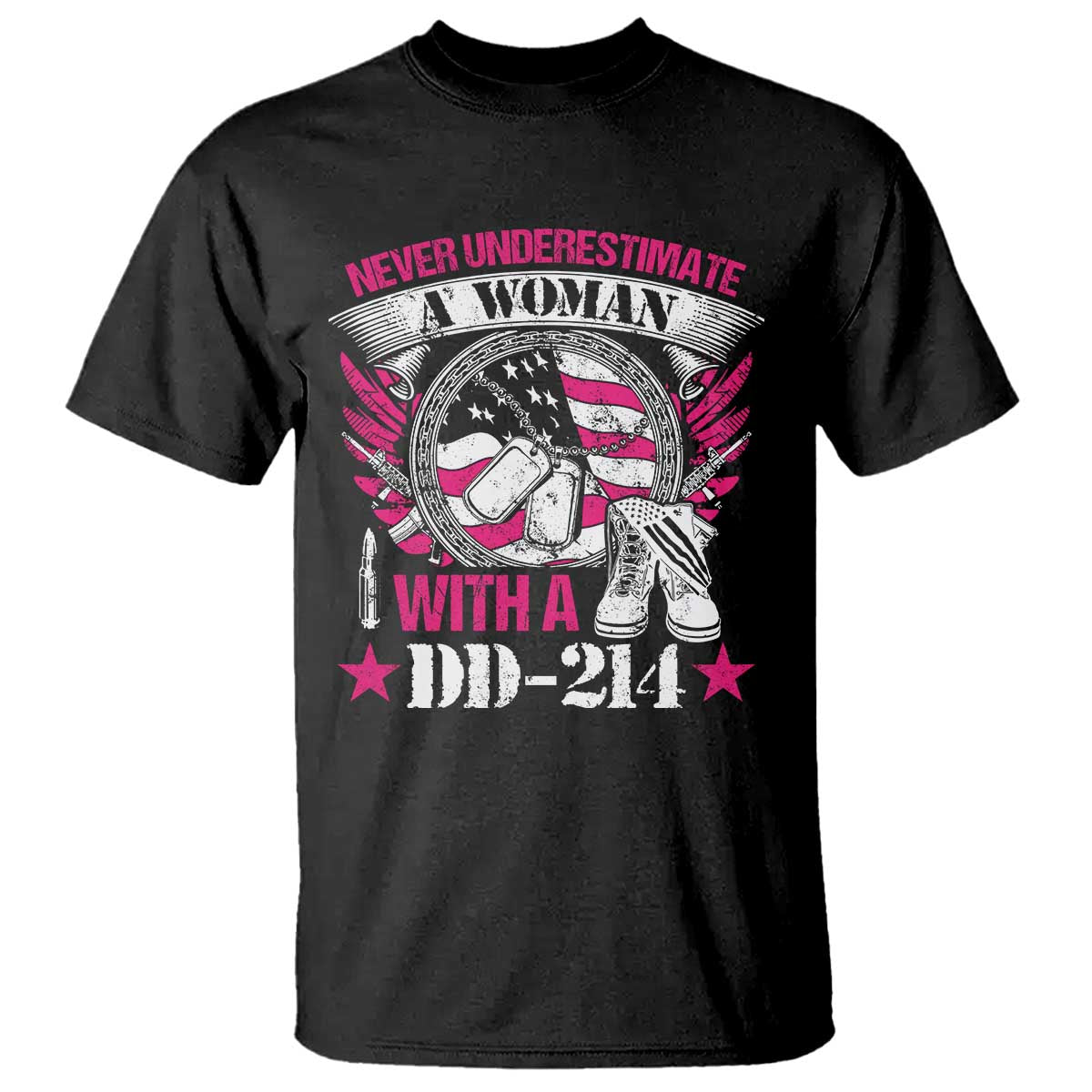 Female Veteran T Shirt Never Underestimate A Woman With DD214 US Military TS02 Black Print Your Wear