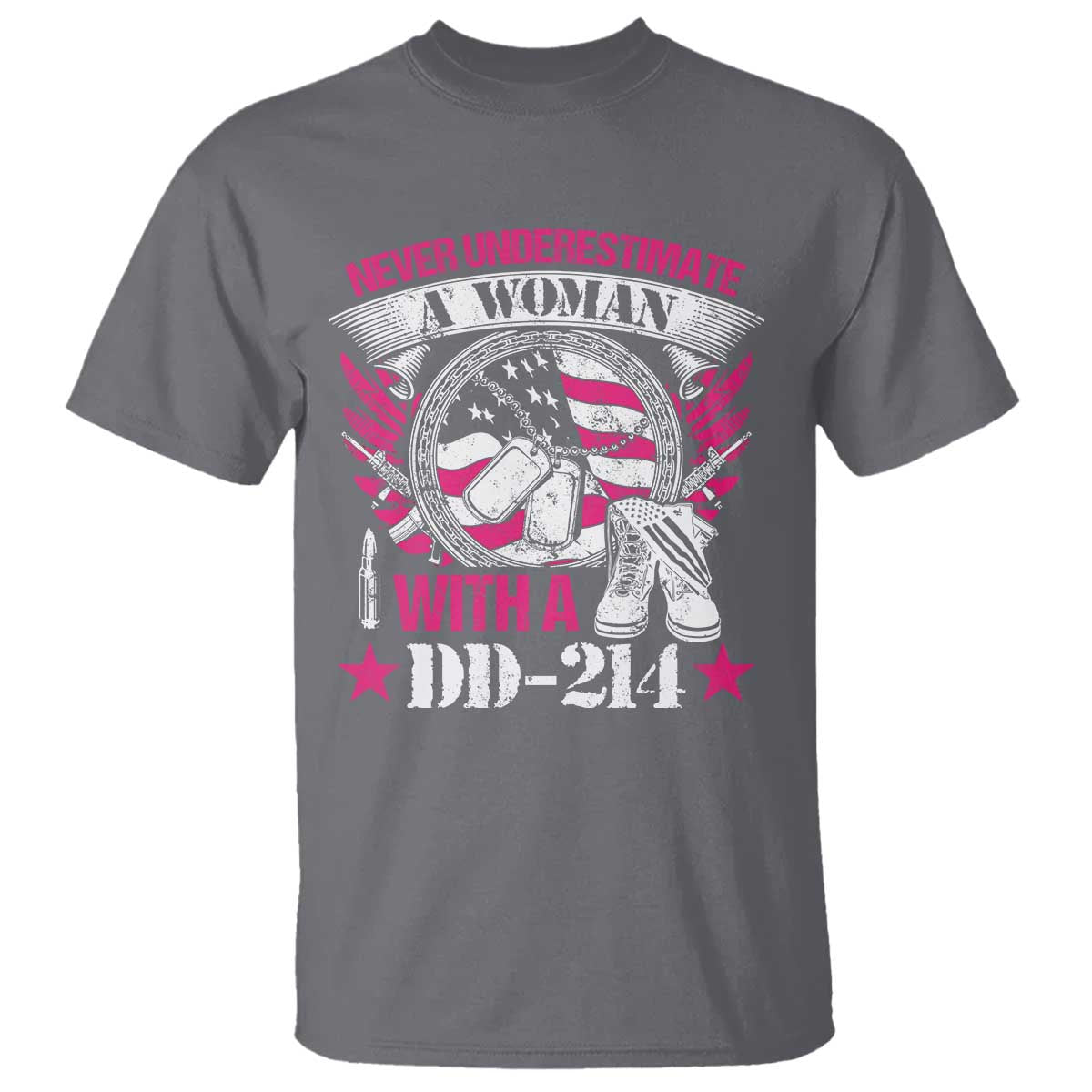 Female Veteran T Shirt Never Underestimate A Woman With DD214 US Military TS02 Charcoal Print Your Wear