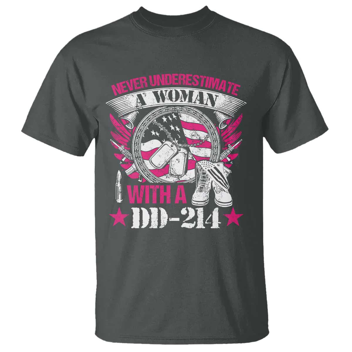 Female Veteran T Shirt Never Underestimate A Woman With DD214 US Military TS02 Dark Heather Print Your Wear
