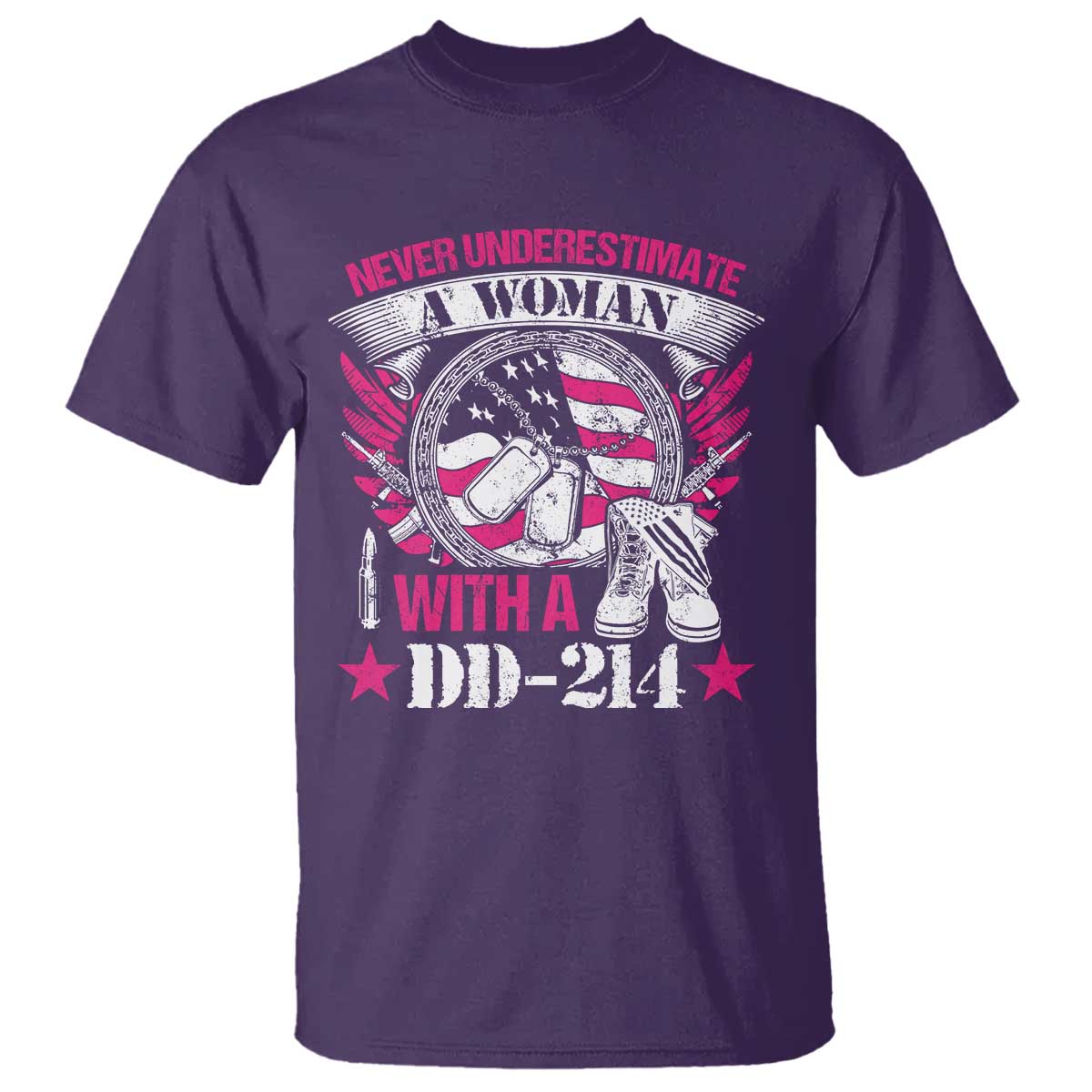 Female Veteran T Shirt Never Underestimate A Woman With DD214 US Military TS02 Purple Print Your Wear