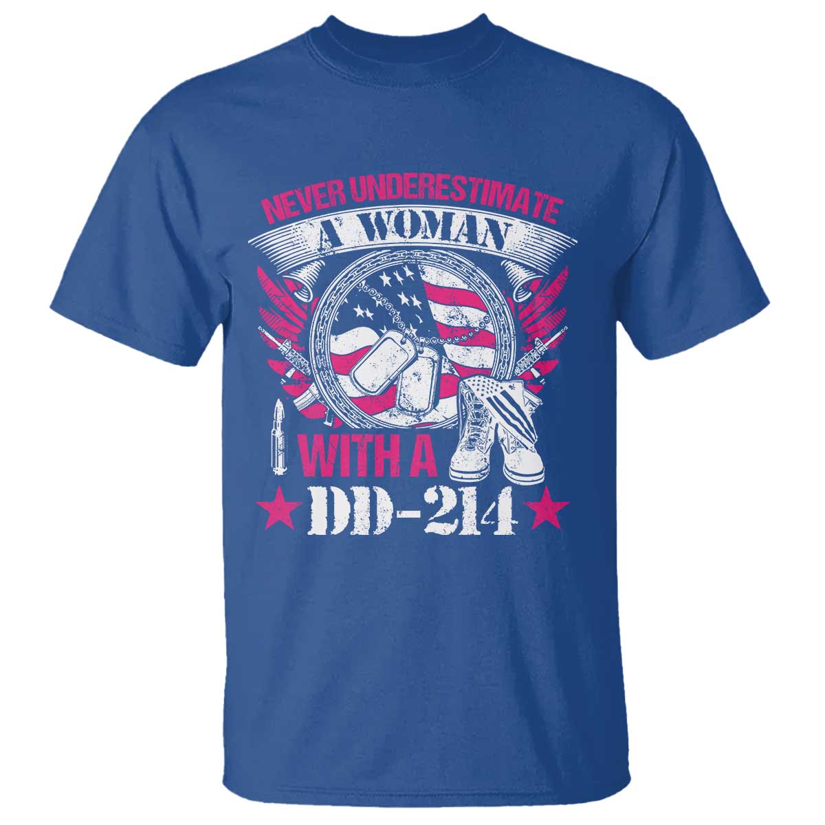 Female Veteran T Shirt Never Underestimate A Woman With DD214 US Military TS02 Royal Blue Print Your Wear