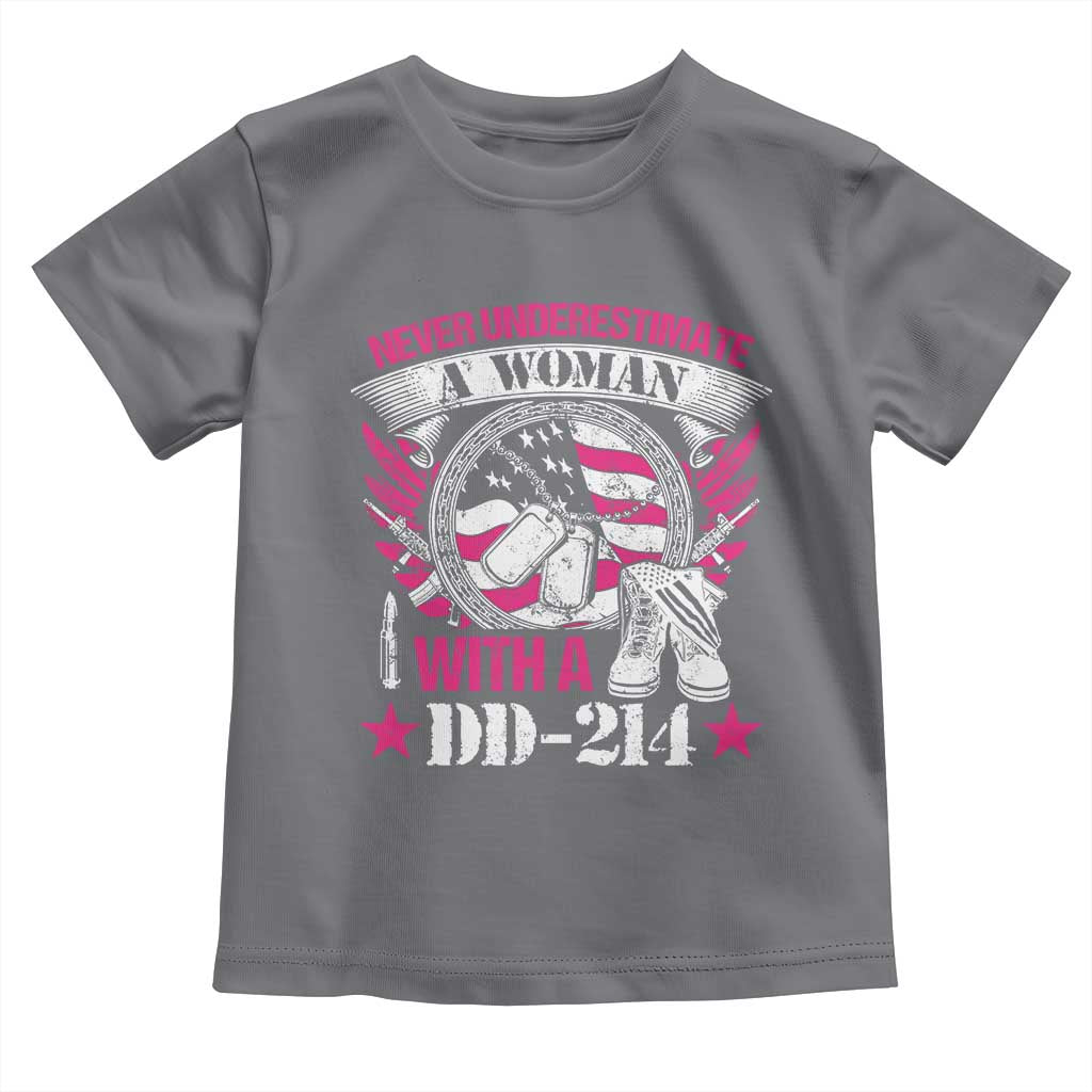 Female Veteran Toddler T Shirt Never Underestimate A Woman With DD214 US Military TS02 Charcoal Print Your Wear
