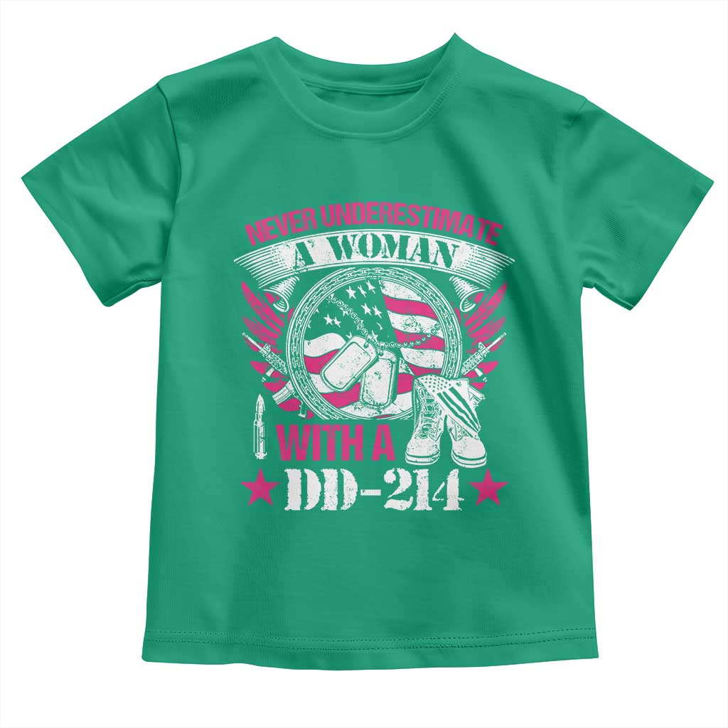Female Veteran Toddler T Shirt Never Underestimate A Woman With DD214 US Military TS02 Irish Green Print Your Wear