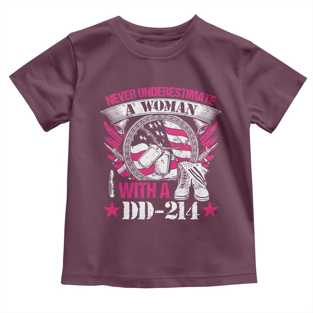 Female Veteran Toddler T Shirt Never Underestimate A Woman With DD214 US Military TS02 Maroon Print Your Wear