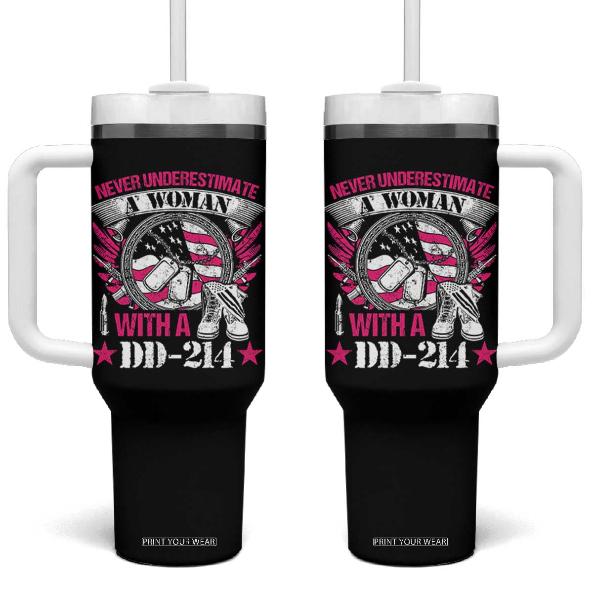 Female Veteran Tumbler With Handle Never Underestimate A Woman With DD214 US Military TS02 One Size: 40 oz Black Print Your Wear
