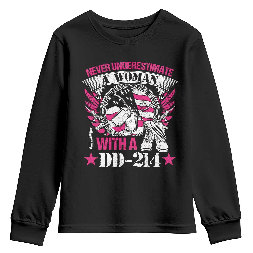 Female Veteran Youth Sweatshirt Never Underestimate A Woman With DD214 US Military TS02 Black Print Your Wear