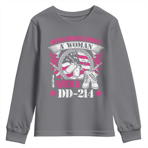 Female Veteran Youth Sweatshirt Never Underestimate A Woman With DD214 US Military TS02 Charcoal Print Your Wear