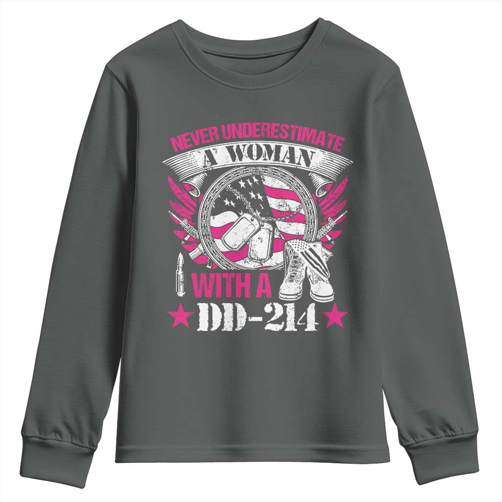 Female Veteran Youth Sweatshirt Never Underestimate A Woman With DD214 US Military TS02 Dark Heather Print Your Wear