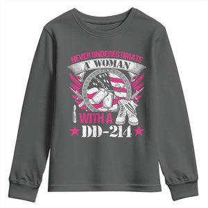 Female Veteran Youth Sweatshirt Never Underestimate A Woman With DD214 US Military TS02 Dark Heather Print Your Wear