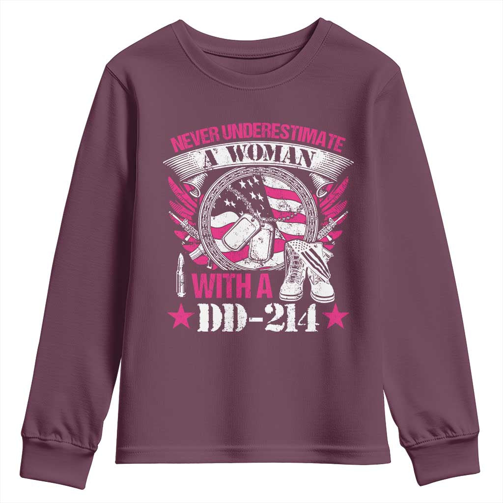 Female Veteran Youth Sweatshirt Never Underestimate A Woman With DD214 US Military TS02 Maroon Print Your Wear