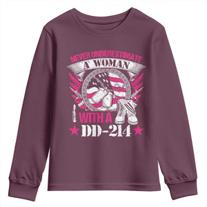 Female Veteran Youth Sweatshirt Never Underestimate A Woman With DD214 US Military TS02 Maroon Print Your Wear