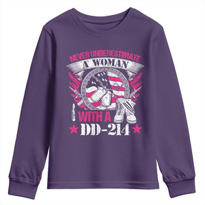 Female Veteran Youth Sweatshirt Never Underestimate A Woman With DD214 US Military TS02 Purple Print Your Wear
