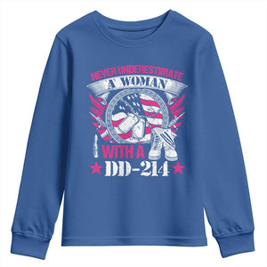 Female Veteran Youth Sweatshirt Never Underestimate A Woman With DD214 US Military TS02 Royal Blue Print Your Wear