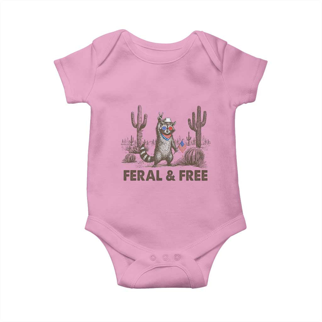 Feral & Free Raccoon Baby Onesie Funny 4th of July Cowboy Meme Retro Independence Day TS10 Light Pink Print Your Wear