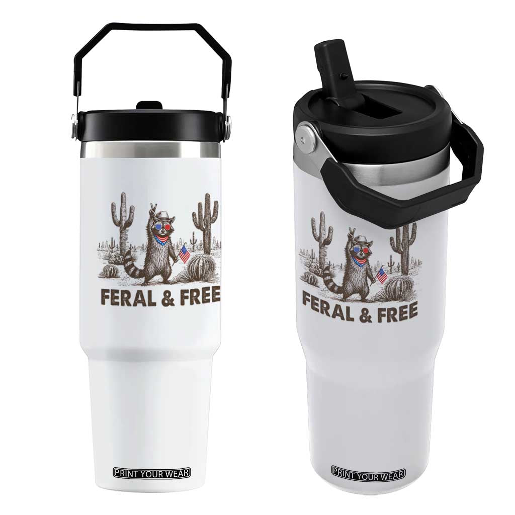 Feral & Free Raccoon Flip Straw Tumbler Funny 4th of July Cowboy Meme Retro Independence Day TS10 One Size: 30 oz White Print Your Wear