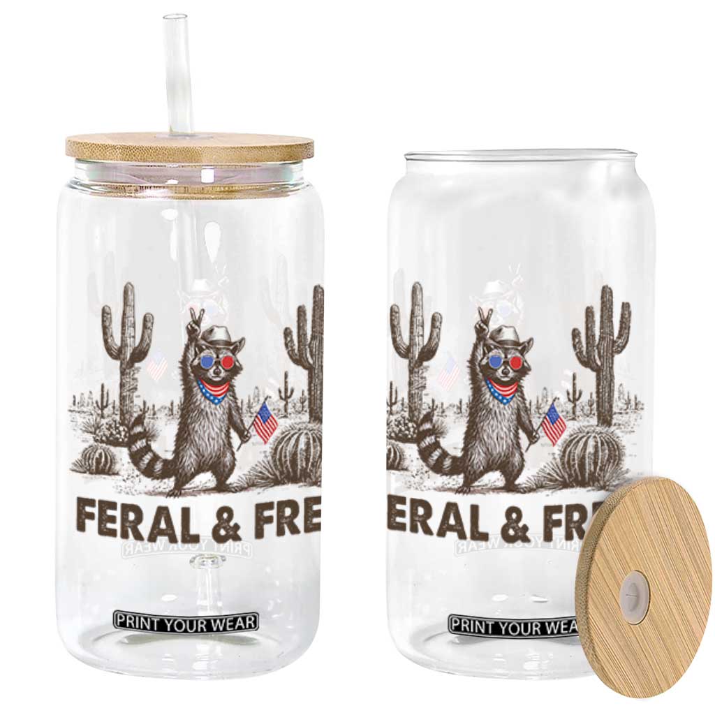 Feral & Free Raccoon Glass Can Funny 4th of July Cowboy Meme Retro Independence Day TS10 White Print Your Wear