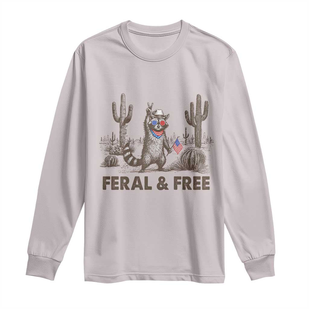 Feral & Free Raccoon Long Sleeve Shirt Funny 4th of July Cowboy Meme Retro Independence Day TS10 Ice Gray Print Your Wear