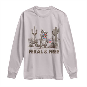 Feral & Free Raccoon Long Sleeve Shirt Funny 4th of July Cowboy Meme Retro Independence Day TS10 Ice Gray Print Your Wear