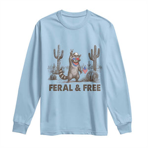 Feral & Free Raccoon Long Sleeve Shirt Funny 4th of July Cowboy Meme Retro Independence Day TS10 Light Blue Print Your Wear