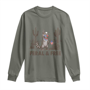 Feral & Free Raccoon Long Sleeve Shirt Funny 4th of July Cowboy Meme Retro Independence Day TS10 Military Green Print Your Wear