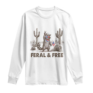 Feral & Free Raccoon Long Sleeve Shirt Funny 4th of July Cowboy Meme Retro Independence Day TS10 White Print Your Wear