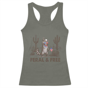 Feral & Free Raccoon Racerback Tank Top Funny 4th of July Cowboy Meme Retro Independence Day TS10 Military Green Print Your Wear