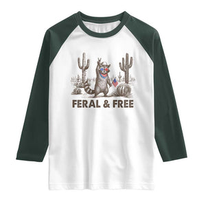 Feral & Free Raccoon Raglan Shirt Funny 4th of July Cowboy Meme Retro Independence Day TS10 White Dark Forest Green Print Your Wear