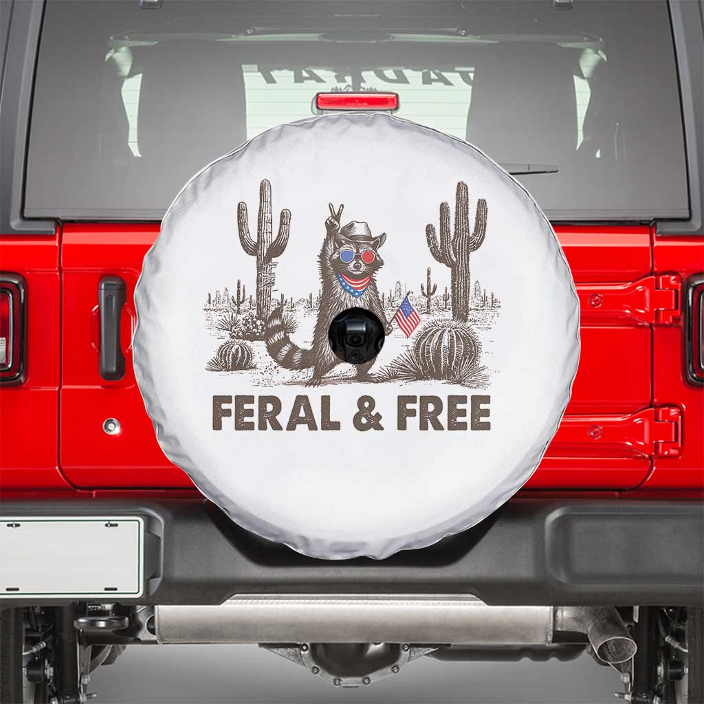 Feral & Free Raccoon Spare Tire Cover Funny 4th of July Cowboy Meme Retro Independence Day TS10 White Print Your Wear
