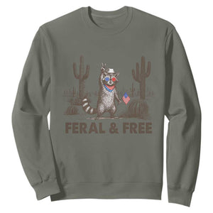 Feral & Free Raccoon Sweatshirt Funny 4th of July Cowboy Meme Retro Independence Day TS10 Military Green Print Your Wear