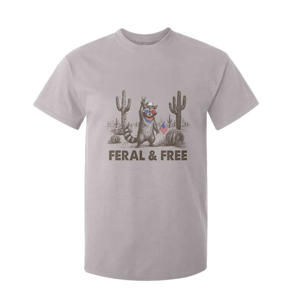 Feral & Free Raccoon T Shirt For Kid Funny 4th of July Cowboy Meme Retro Independence Day TS10 Ice Gray Print Your Wear
