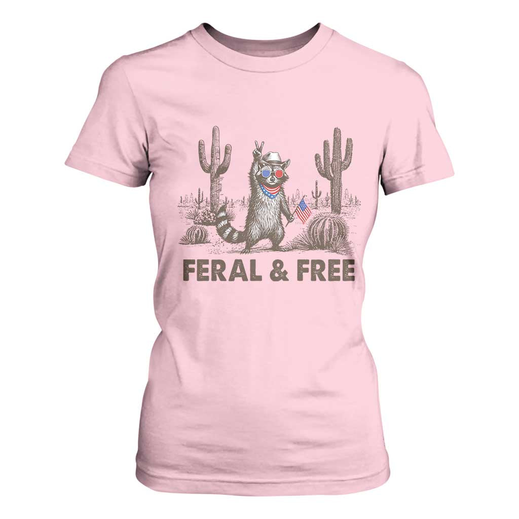 Feral & Free Raccoon T Shirt For Women Funny 4th of July Cowboy Meme Retro Independence Day TS10 Light Pink Print Your Wear