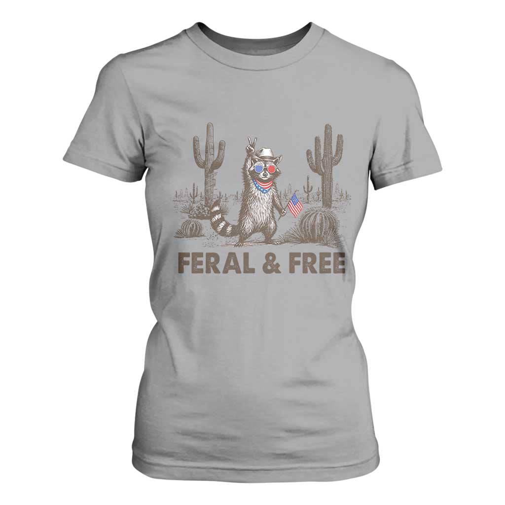Feral & Free Raccoon T Shirt For Women Funny 4th of July Cowboy Meme Retro Independence Day TS10 Sport Gray Print Your Wear